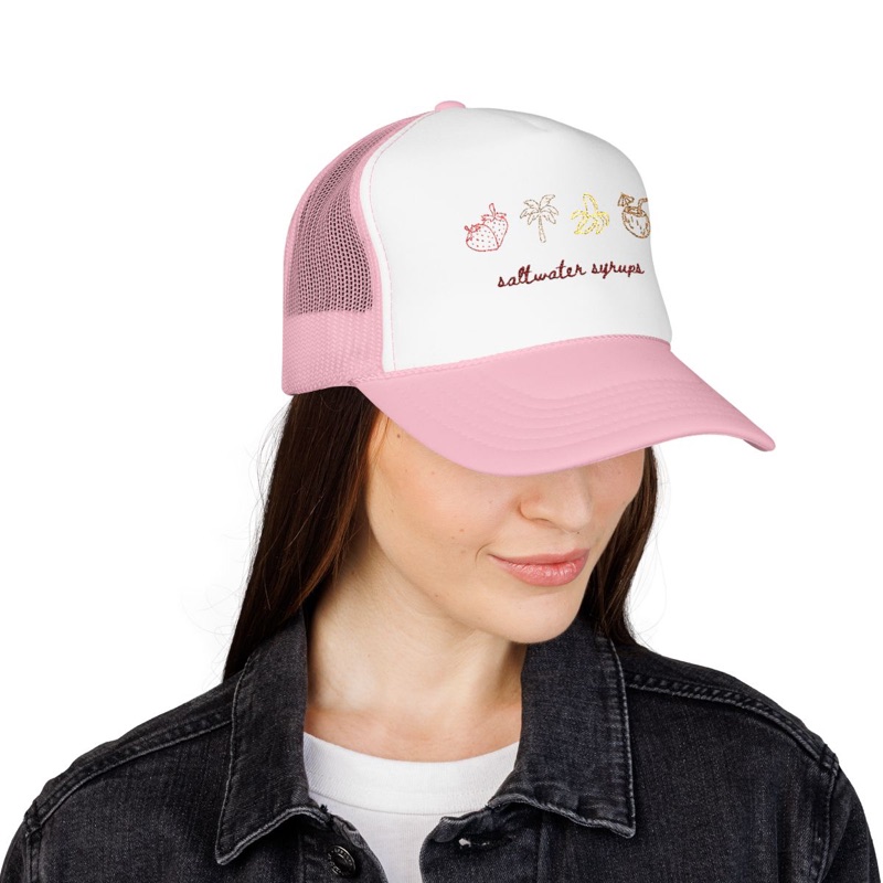 Saltwater Embroidered Trucker — pink worn front