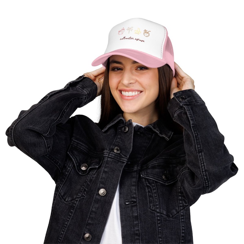 Saltwater Embroidered Trucker — pink worn full